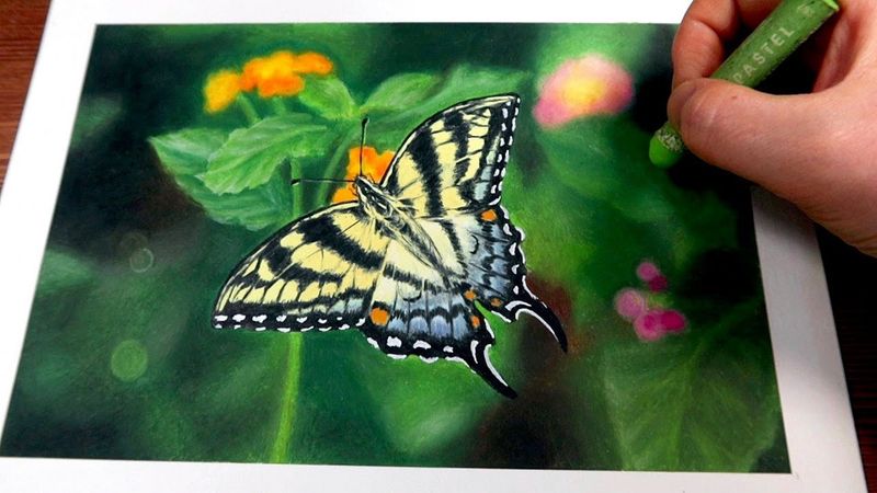 Oil pastel drawing 꽃에 앉은 나비 풍경 그리기, 오일파스텔 풍경화｜OHU SIA