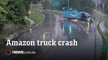 Amazon truck driver loses control and crashes into tree