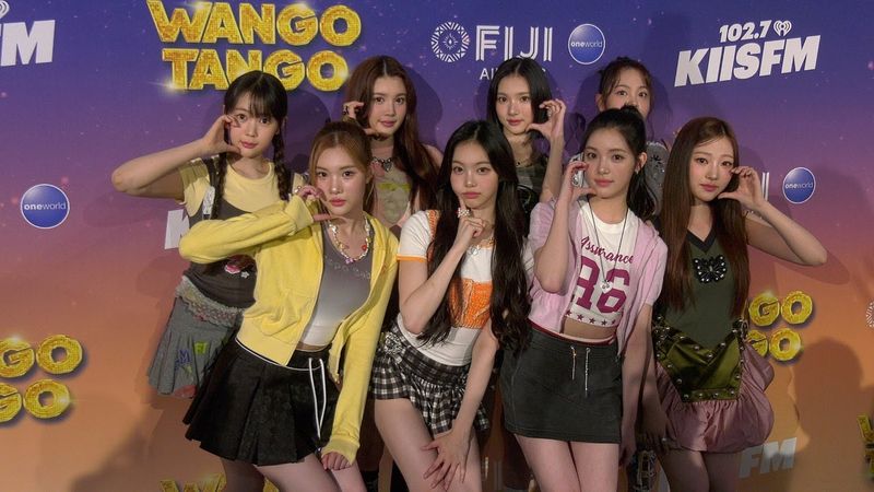 Girl group Hearts2Hearts attends iHeartRadio's 102.7 KIIS FM Wango Tango 2025 green carpet