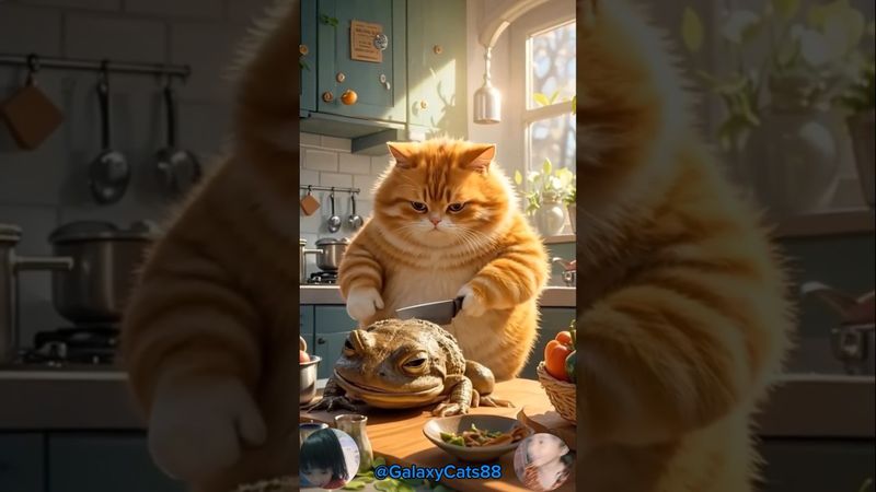 Fat orange cat cooks frog in a very funny way! #shorts #cat #funny #cooking #cute