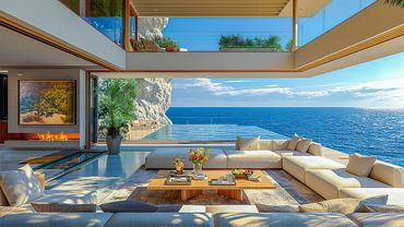 Morning Jazz With The Sound Of Ocean Waves To Relax - Smooth Jazz Music In Luxury Living Room Space