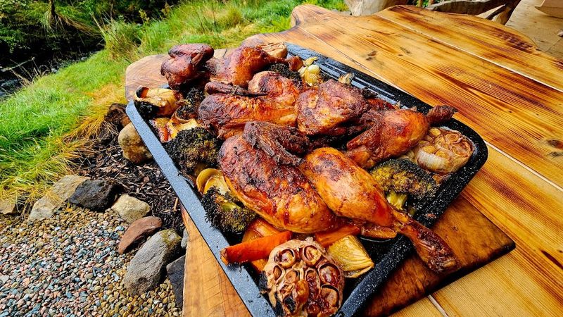 The juiciest CHICKEN ever, cooked in our outdoor HUT (ASMR, CAMPING. CHICKEN RECIPE)