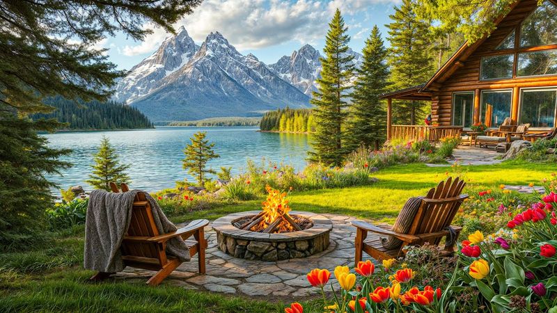 Calming Spring Nature Sounds with Cozy Crackling Fire Pit and Lake Sounds for Sleep and Meditation