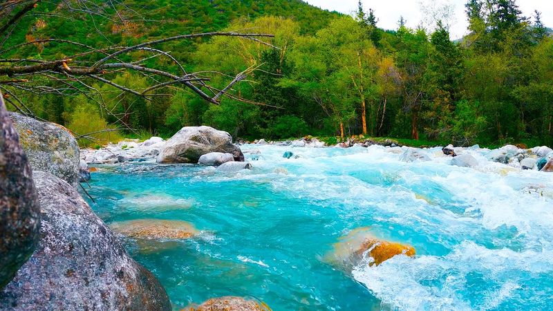 4K Mountain River Flowing Over Stones | Turquoise Water & Soothing River Sounds for Sleep & Relax.