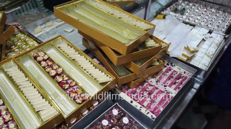 Sweets on sale during Diwali festival at Evergreen Sweets House New Delhi