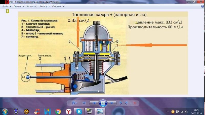 Работа механического бензонасоса постоянного давления 0.33 см\2.