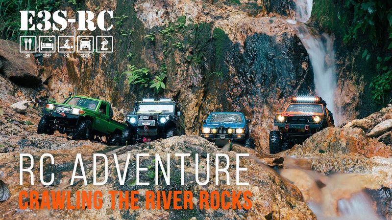 RC4WD- Toyota Land Cruiser 70 & Hilux   Defender D90 - RC ADVENTURE- Crawling the RiVER ROCKS