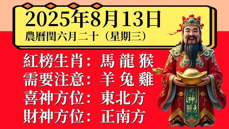 小運播報：2025年8月13日（星期三）農曆閏六月二十