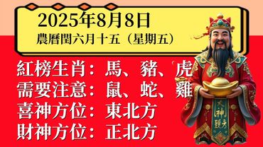 小運播報：2025年8月8日（星期五）農曆閏六月十五