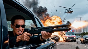 Thrilling crime movie: robbers plan a big heist but are violently stopped by fierce cop