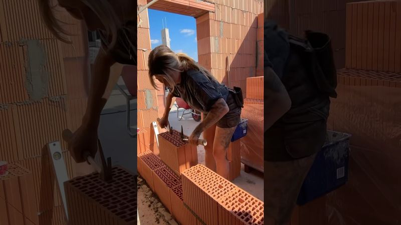 Einfach nur auf der Baustelle den 17,5er HLZ Zahnziegel vermauern 💪🏽🧱#shorts #handwerk #maurerin