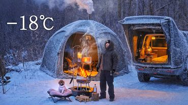-18℃ Camping in Snow Field with My Dog . Inflatable Hot Tent . Wood Stove ASMR