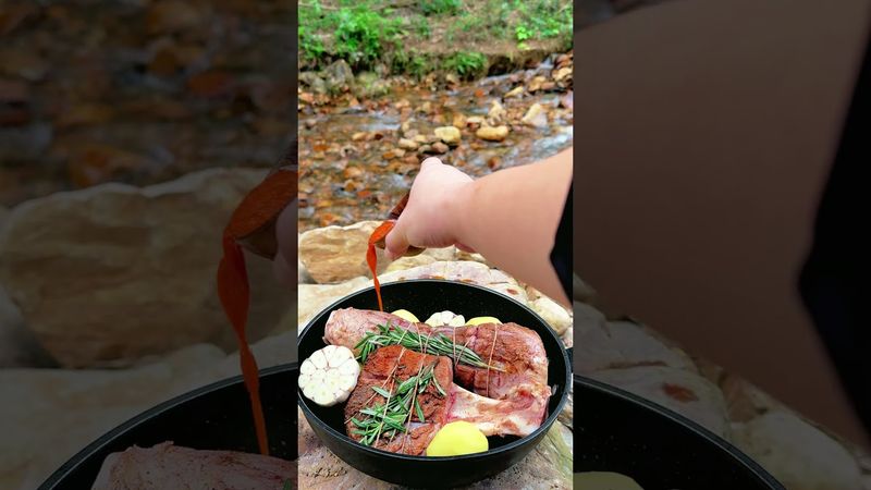 🔥 Fire-Roasted & Stewed Beef Leg ASMR 🥩 | Extreme Outdoor Cooking by the Creek 🌊🔥