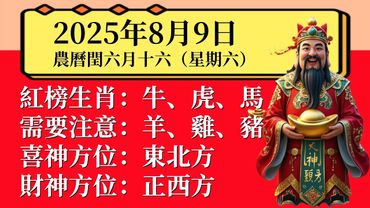 小運播報：2025年8月9日（星期六）農曆閏六月十六