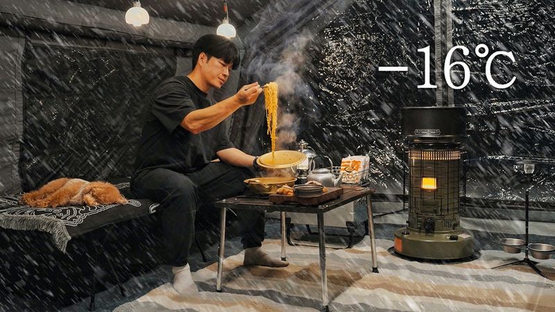 -16℃ Camping in Snow with My Dog . 2-Room Inflatable Tent . Wood Stove ASMR