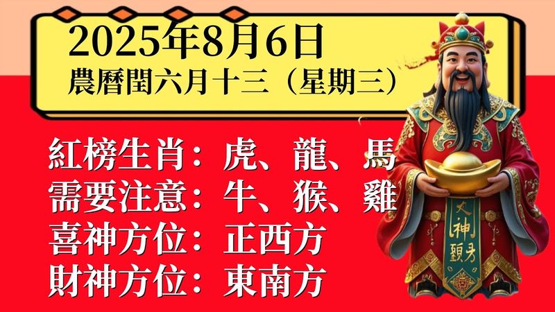 小運播報：2025年8月6日（星期三）農曆閏六月十三