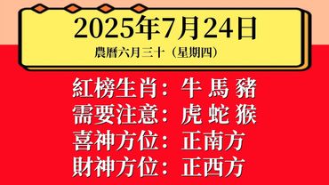 每日小運播報：2025年7月24日（星期四）農曆六月三十