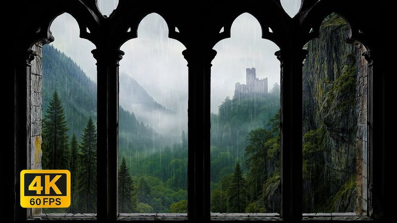 4K Rainy Medieval Castle Window View - Cozy Thunderstorm Sounds - Ambience for Reading