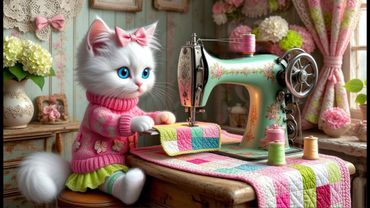 Cute fashionable kitty is making a cozy patchwork quilt