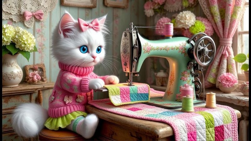 Cute fashionable kitty is making a cozy patchwork quilt