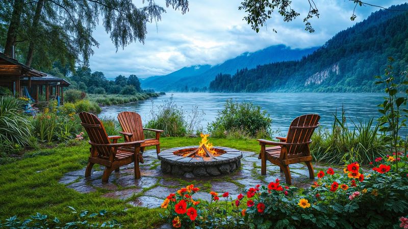 Excellent Spring Atmosphere in Mountains Lakeside for Relaxing with Nature Sounds, Cozy Fire Pit