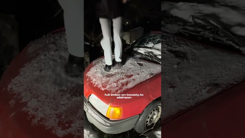 Breaking the red car 🚘 #foot #snow #heels #girlvscar #automobile