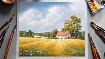 Simple Watercolor Landscape | Golden Field and Cottage