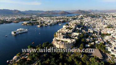 Glimpse view of the shining City Palace from the sky Udaipur Rajasthan India