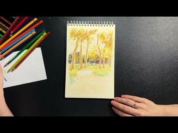 Рисуем цветными карандашами осенний городской скетч