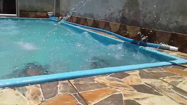 Manu e a prima brincando na piscina.