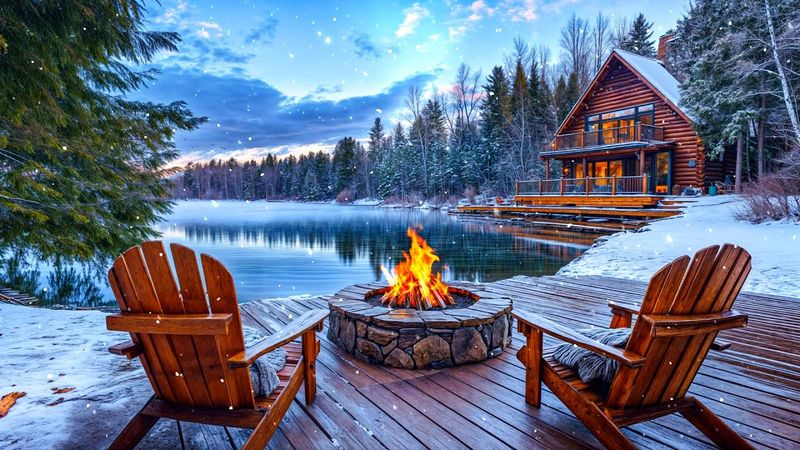Winter Wonderland: Lake View with Snowfall, Fire Pit, Calm Nature Sounds for Relaxing and Sleeping
