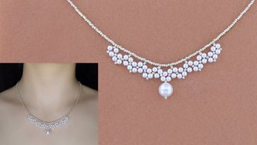 DIY Elegant Pearl Beaded Necklace. Pearl Beaded Lace Pendant Necklace. Beading Tutorial 珍珠串珠项链