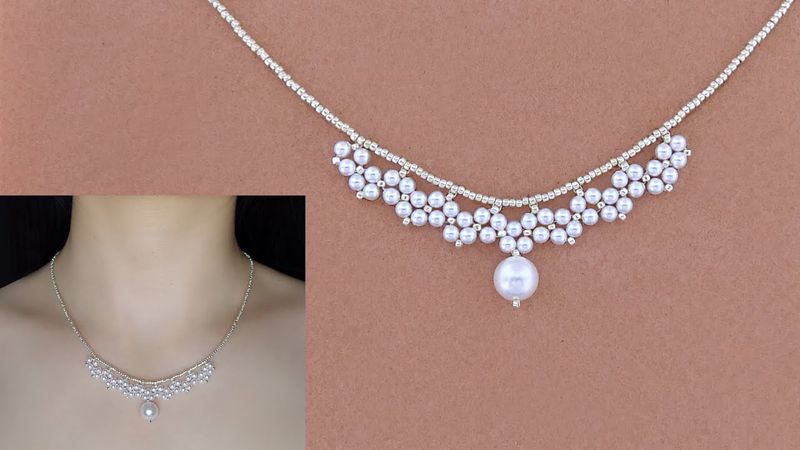 DIY Elegant Pearl Beaded Necklace. Pearl Beaded Lace Pendant Necklace. Beading Tutorial 珍珠串珠项链