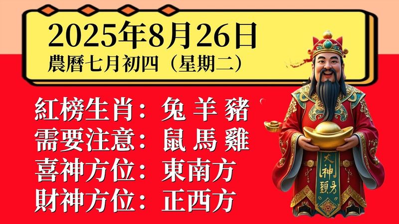 明日小運播報～2025年8月26日（星期二）農曆七月初四