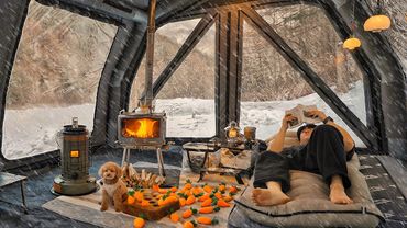 -15℃ Camping in Snow with My Dog . 2-Room Inflatable Tent . Wood Stove ASMR