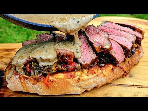 A giant XXXL SIRLOIN 🥩🥩 sandwich only for true food lovers(ASMR Cooking, Beef, NATURE, CAMPING)