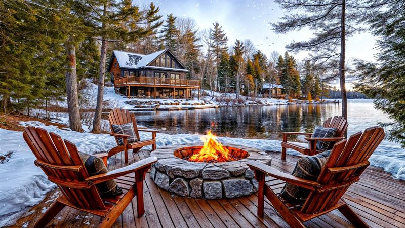 Relax with Winter Ambience by the Lake. Cozy Fire Pit and Soft Snow Falling for Sleep & Study