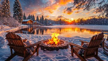 Beautiful Fairy Winter Sunset Lakeside: Warm Fire Pit and Gentle Snow Falling for Relaxation & Sleep