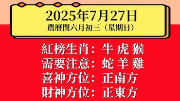 小運播報：2025年7月27日（星期日）曆閏六月初三