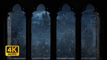 4K Harry Potter Winter Window View - Hogwarts Snow Ambience & Wind Sounds for Study and Sleep