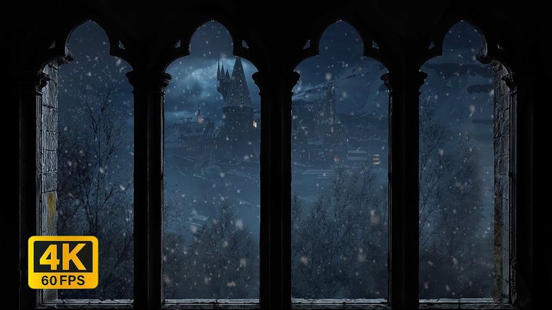 4K Harry Potter Winter Window View - Hogwarts Snow Ambience & Wind Sounds for Study and Sleep