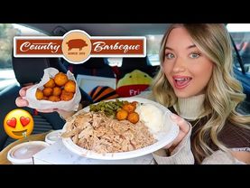 Drive-Thru BBQ MUKBANG! Country Barbeque | Chopped Pork BBQ, Mashed Potatoes, Peach Cobbler!