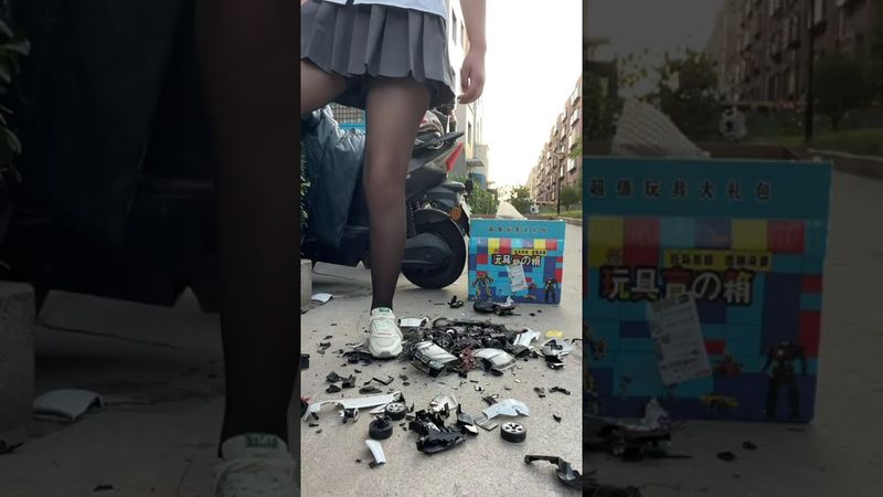 My sister crushed five remote-controlled cars outdoors.