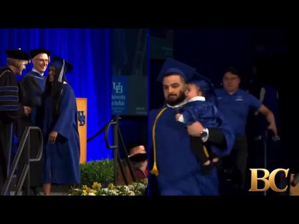 University of Buffalo grad chased by police as he runs across stage holding his baby