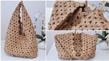 Un grand sac shopping avec un motif de fleurs. Crocheter sans couper le fil