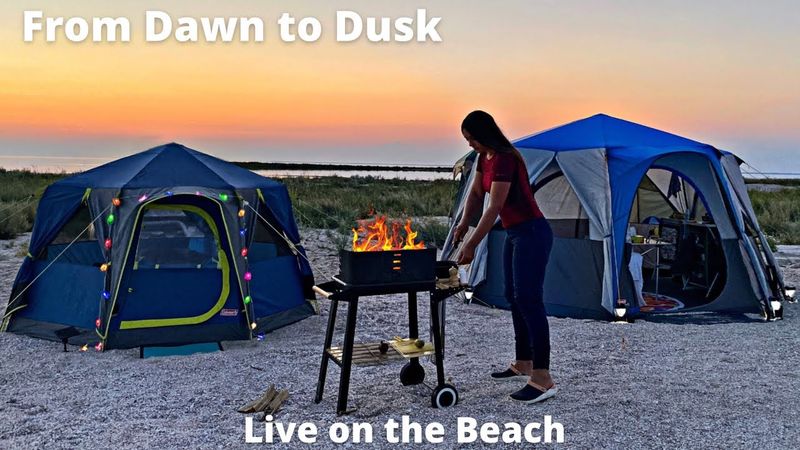 Жаркий день в лагере на диком пляже, кемпинг на море: купаюсь, готовлю, рыбачу, живу в палатке