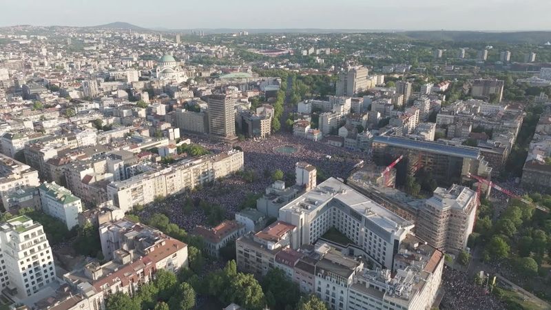 Aerial images of thousands of people protesting in the Serbian capital | AFP