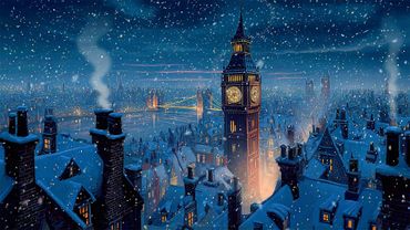 Silent Christmas London Night with oldies playing in another room | cold, snowy winter to unwind