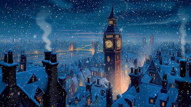 Silent Christmas London Night with oldies playing in another room | cold, snowy winter to unwind