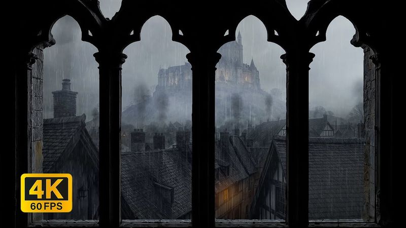4K Rainy Medieval Castle Window View - Cozy Thunderstorm Sounds - Ambience for Reading